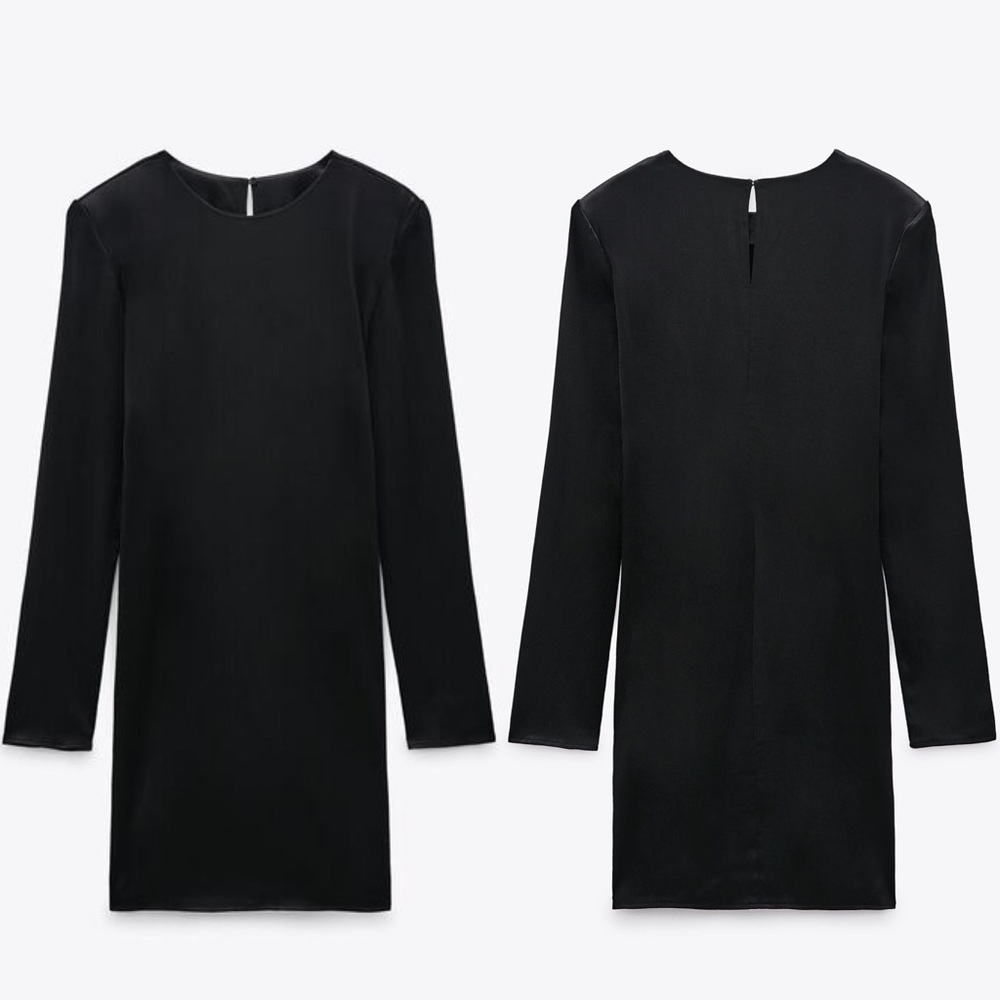 Zara SATIN MINI DRESS W/ SHOULDER PADS LONG SLEEVE BLACK SIZE M NEW